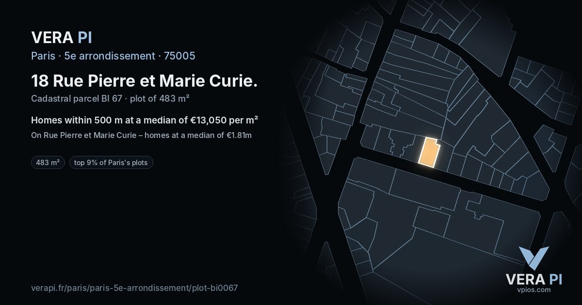 18 Rue Pierre et Marie Curie, 5e arrondissement at night – the plot lit, the parcels around coloured by the prices near them