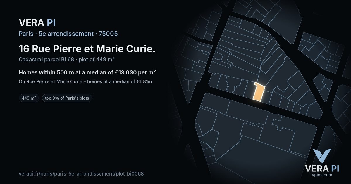 16 Rue Pierre et Marie Curie, 5e arrondissement at night – the plot lit, the parcels around coloured by the prices near them
