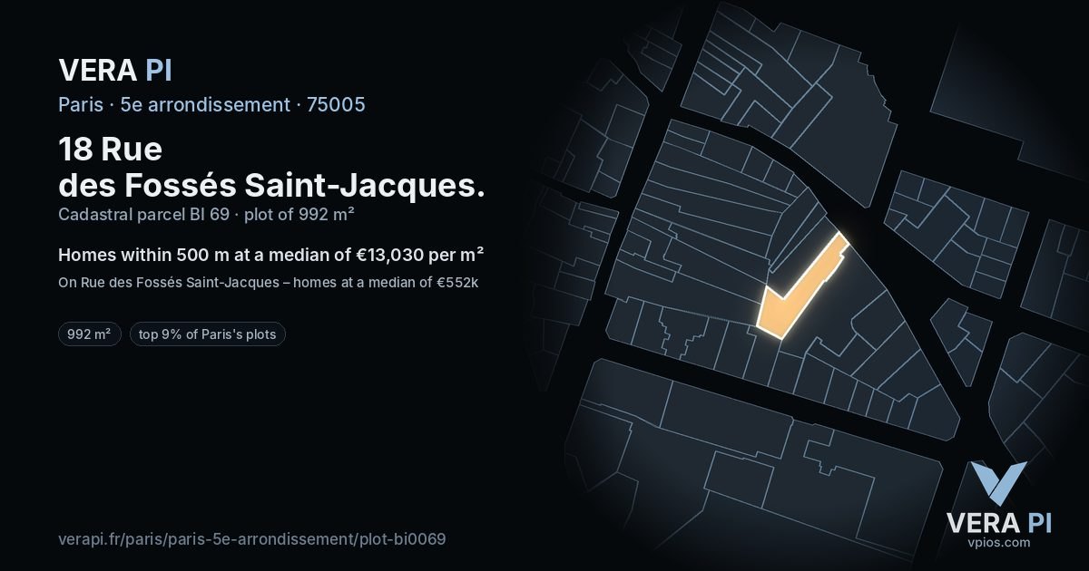 18 Rue des Fossés Saint-Jacques, 5e arrondissement at night – the plot lit, the parcels around coloured by the prices near them