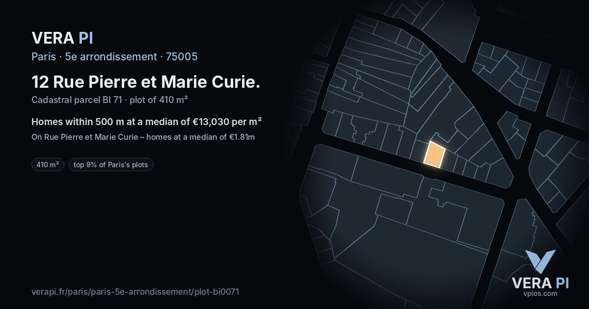 12 Rue Pierre et Marie Curie, 5e arrondissement at night – the plot lit, the parcels around coloured by the prices near them