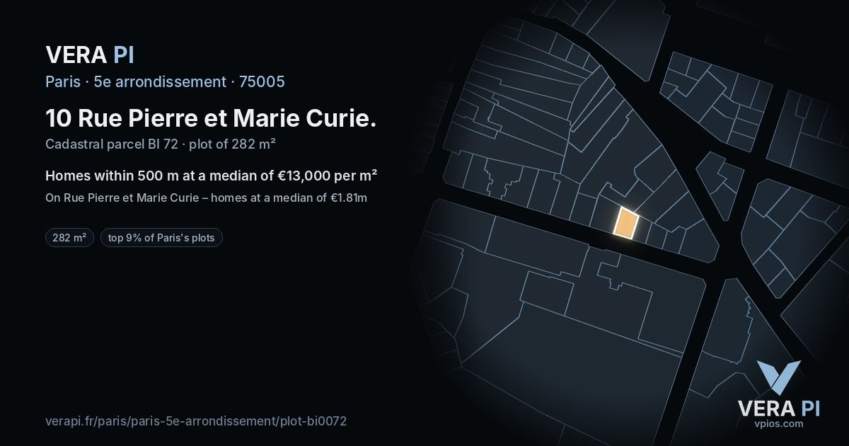 10 Rue Pierre et Marie Curie, 5e arrondissement at night – the plot lit, the parcels around coloured by the prices near them