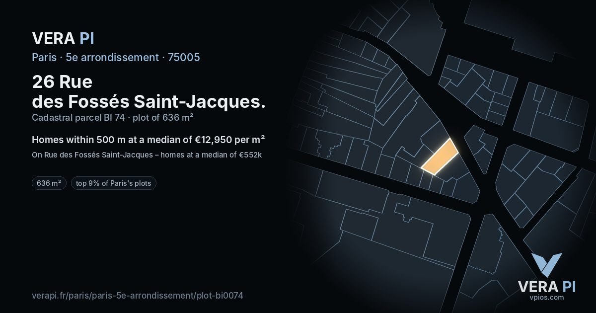 26 Rue des Fossés Saint-Jacques, 5e arrondissement at night – the plot lit, the parcels around coloured by the prices near them