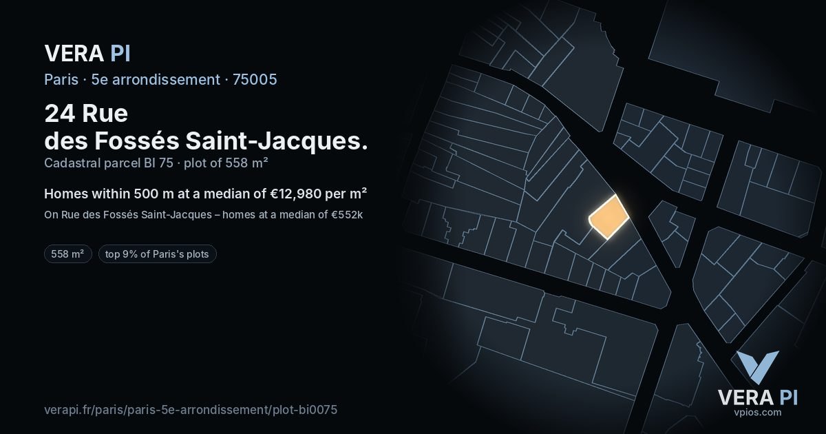 24 Rue des Fossés Saint-Jacques, 5e arrondissement at night – the plot lit, the parcels around coloured by the prices near them