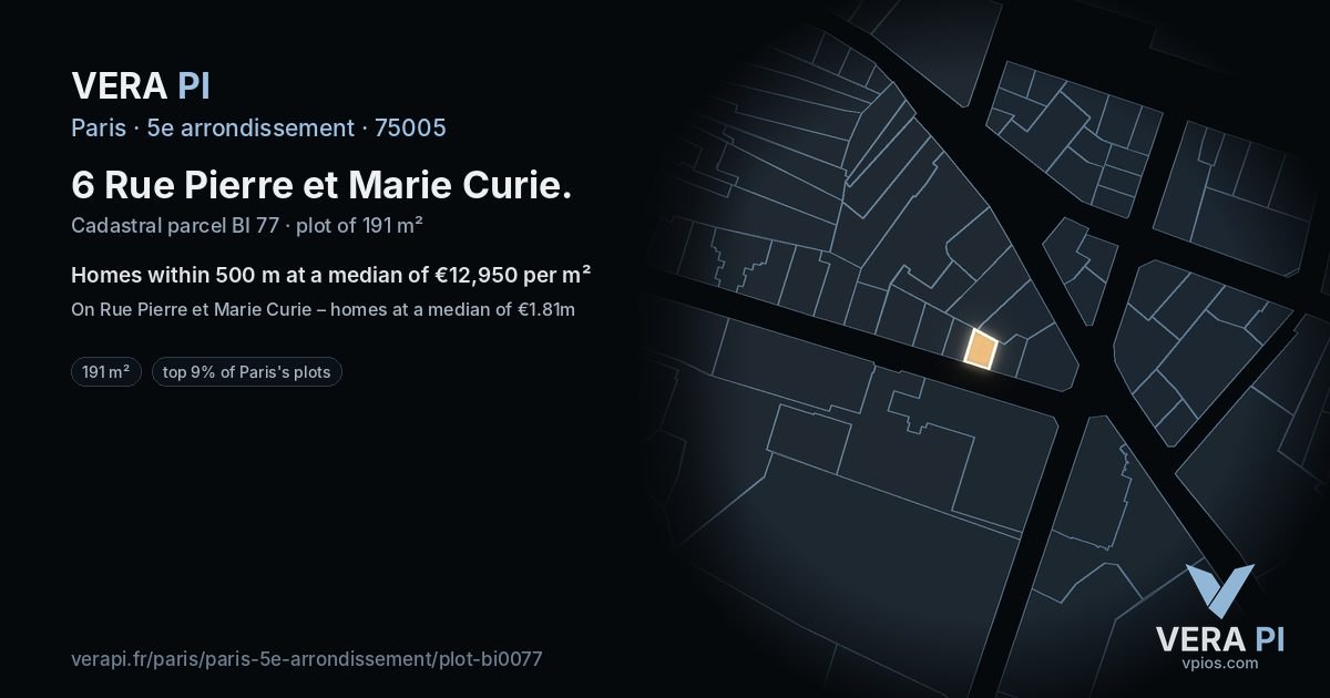 6 Rue Pierre et Marie Curie, 5e arrondissement at night – the plot lit, the parcels around coloured by the prices near them