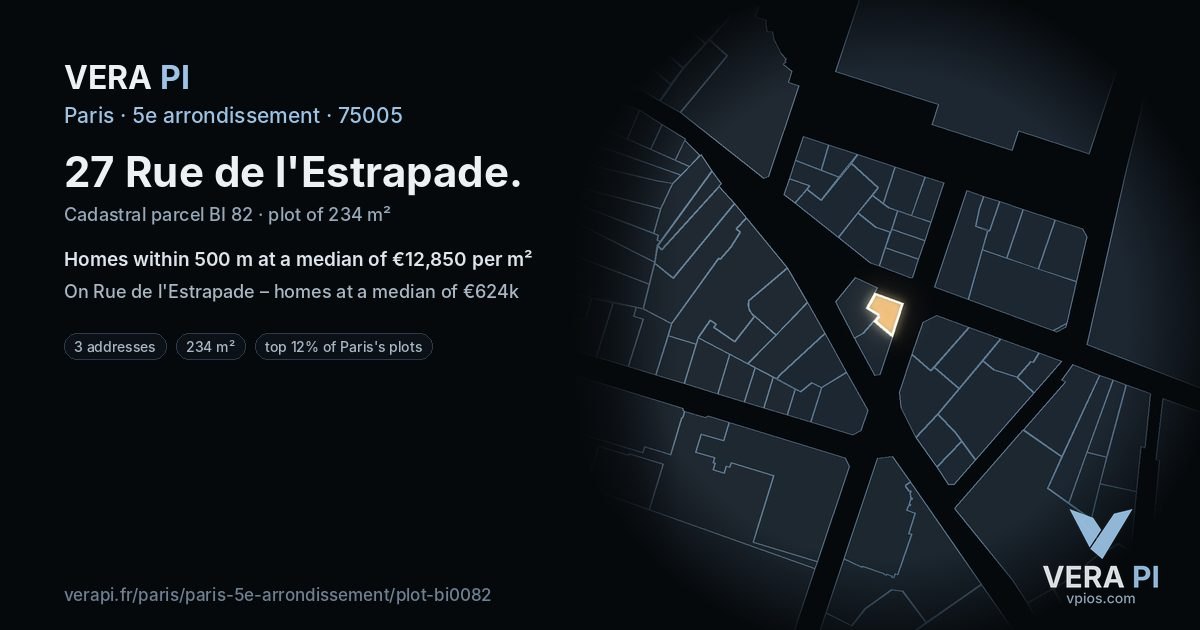 27 Rue de l'Estrapade, 5e arrondissement at night – the plot lit, the parcels around coloured by the prices near them