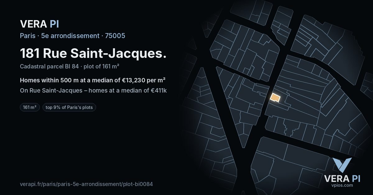 181 Rue Saint-Jacques, 5e arrondissement at night – the plot lit, the parcels around coloured by the prices near them