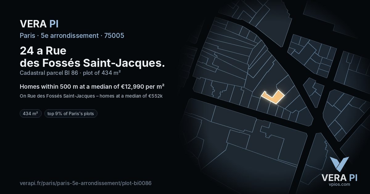 24 a Rue des Fossés Saint-Jacques, 5e arrondissement at night – the plot lit, the parcels around coloured by the prices near them