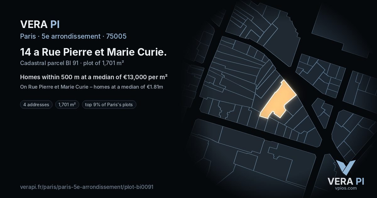 14 a Rue Pierre et Marie Curie, 5e arrondissement at night – the plot lit, the parcels around coloured by the prices near them