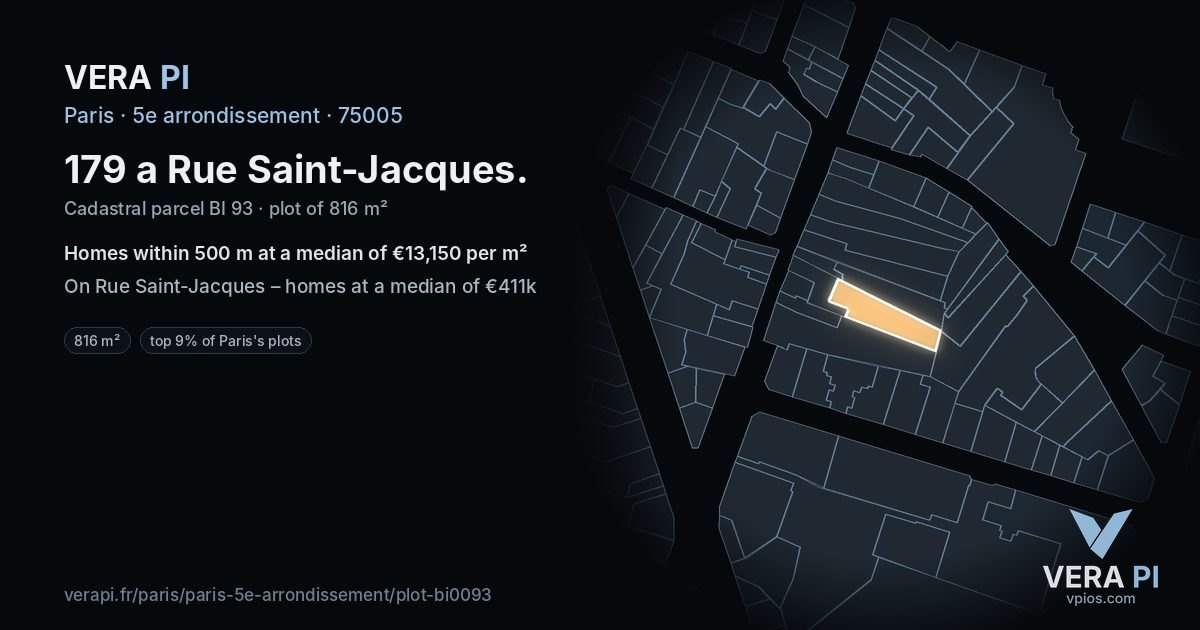 179 a Rue Saint-Jacques, 5e arrondissement at night – the plot lit, the parcels around coloured by the prices near them