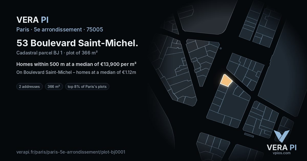 53 Boulevard Saint-Michel, 5e arrondissement at night – the plot lit, the parcels around coloured by the prices near them