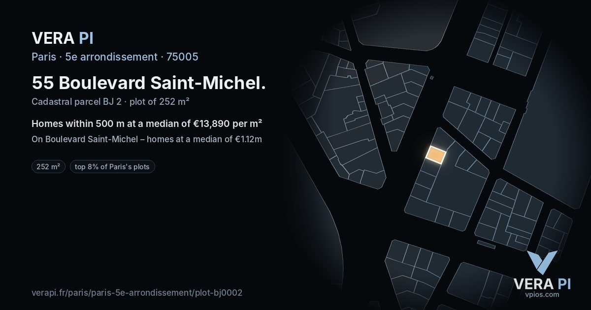55 Boulevard Saint-Michel, 5e arrondissement at night – the plot lit, the parcels around coloured by the prices near them