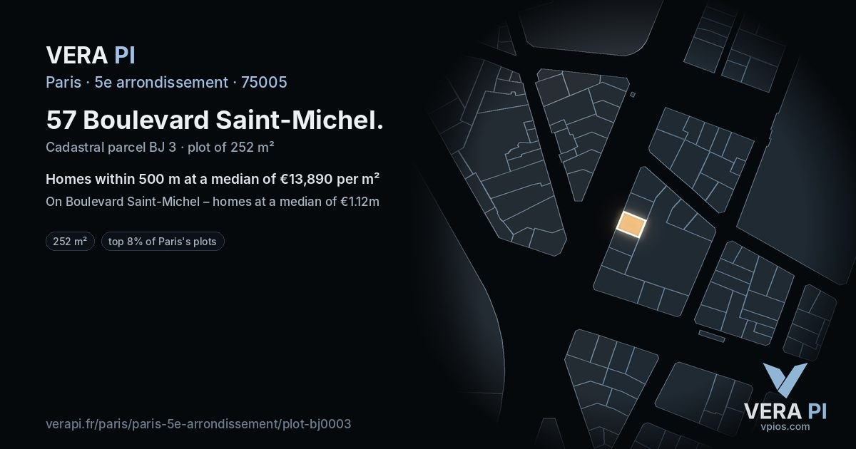 57 Boulevard Saint-Michel, 5e arrondissement at night – the plot lit, the parcels around coloured by the prices near them
