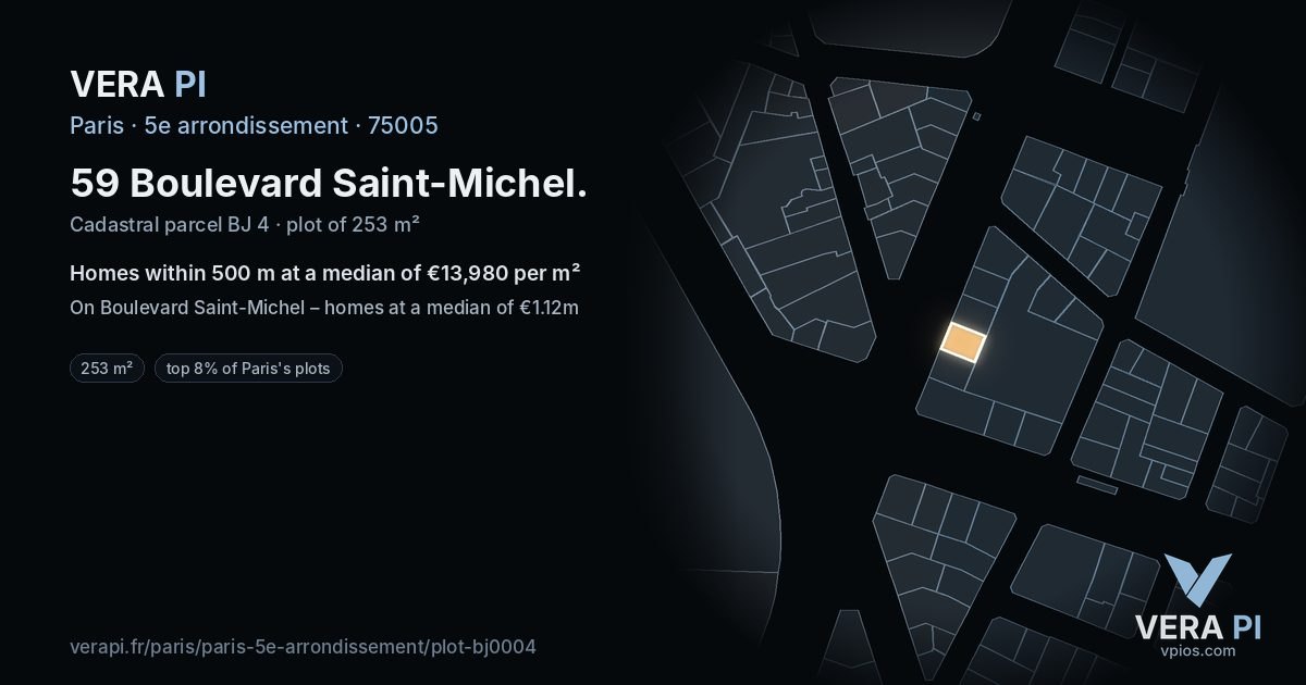 59 Boulevard Saint-Michel, 5e arrondissement at night – the plot lit, the parcels around coloured by the prices near them