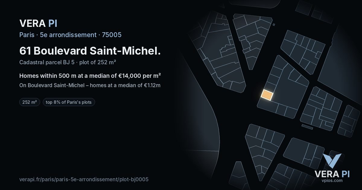 61 Boulevard Saint-Michel, 5e arrondissement at night – the plot lit, the parcels around coloured by the prices near them