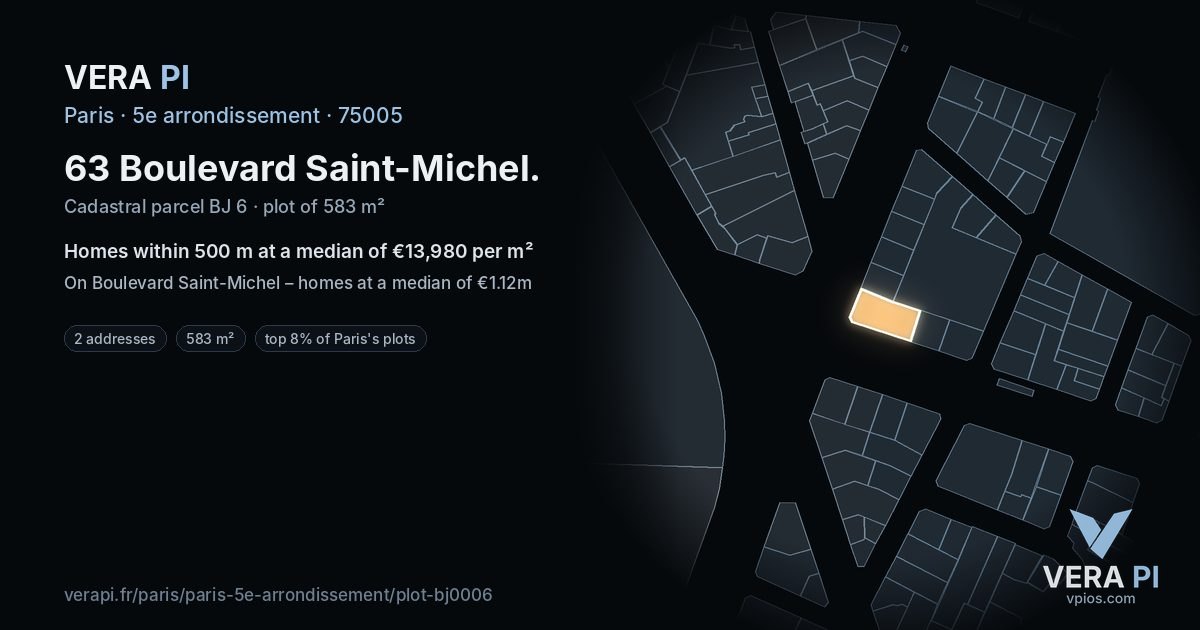 63 Boulevard Saint-Michel, 5e arrondissement at night – the plot lit, the parcels around coloured by the prices near them