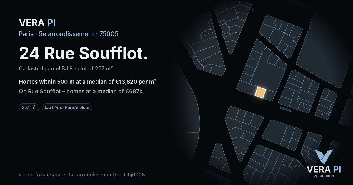 24 Rue Soufflot, 5e arrondissement at night – the plot lit, the parcels around coloured by the prices near them