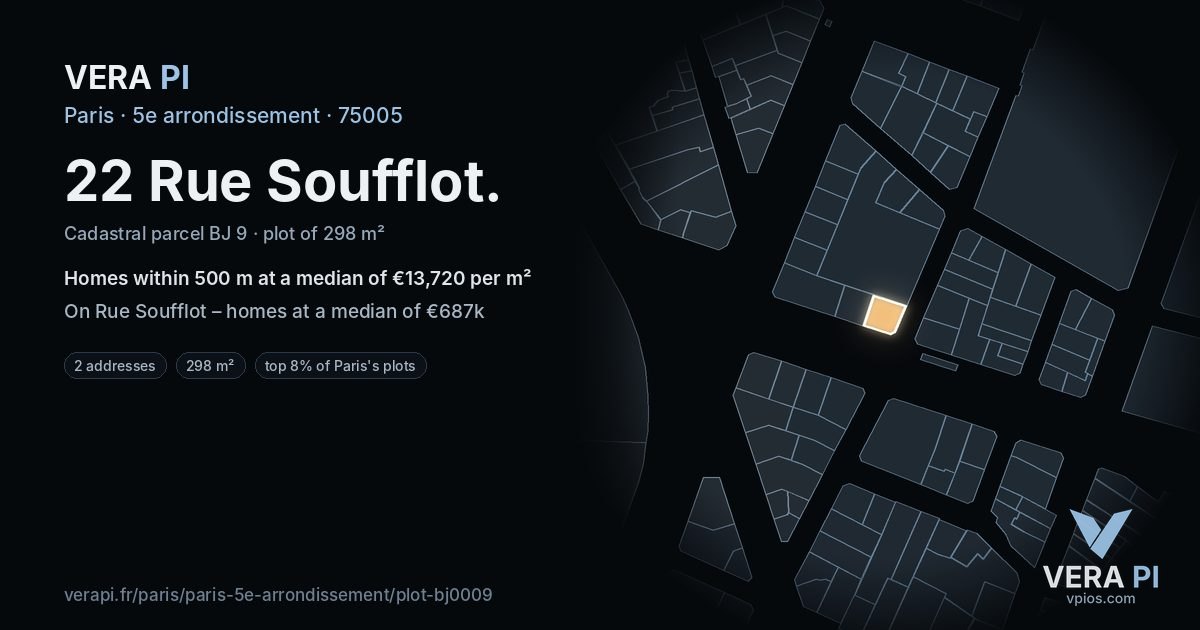 22 Rue Soufflot, 5e arrondissement at night – the plot lit, the parcels around coloured by the prices near them