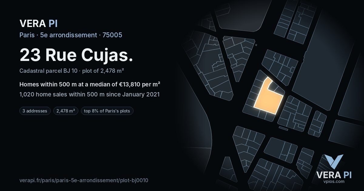 23 Rue Cujas, 5e arrondissement at night – the plot lit, the parcels around coloured by the prices near them