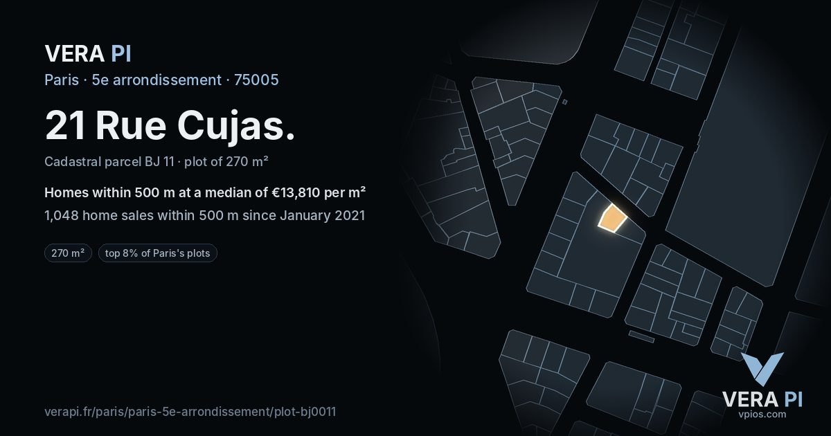 21 Rue Cujas, 5e arrondissement at night – the plot lit, the parcels around coloured by the prices near them