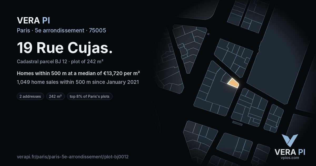 19 Rue Cujas, 5e arrondissement at night – the plot lit, the parcels around coloured by the prices near them