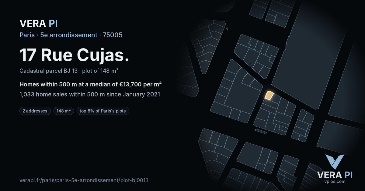17 Rue Cujas, 5e arrondissement at night – the plot lit, the parcels around coloured by the prices near them