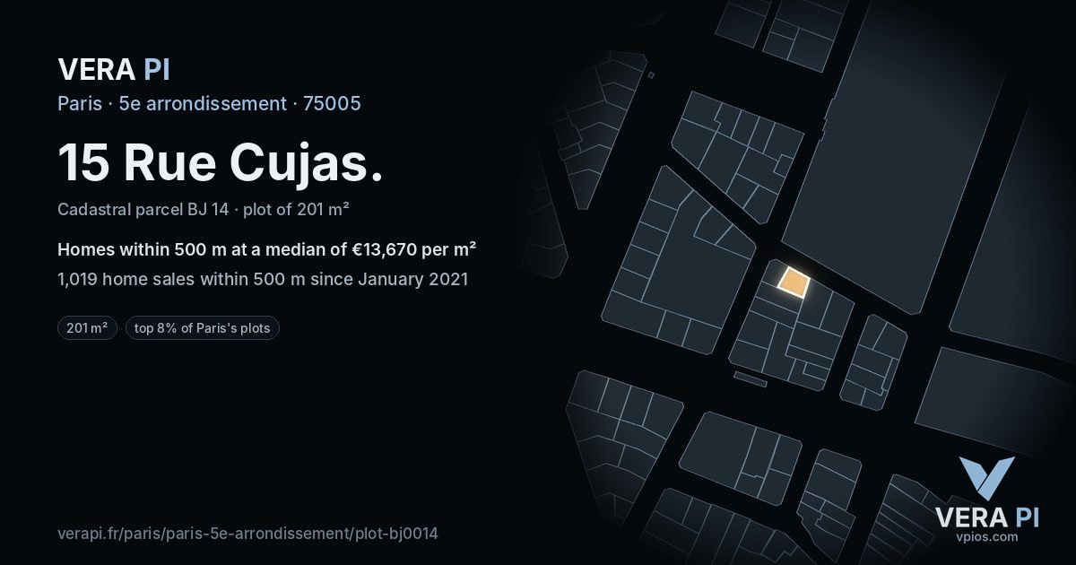 15 Rue Cujas, 5e arrondissement at night – the plot lit, the parcels around coloured by the prices near them