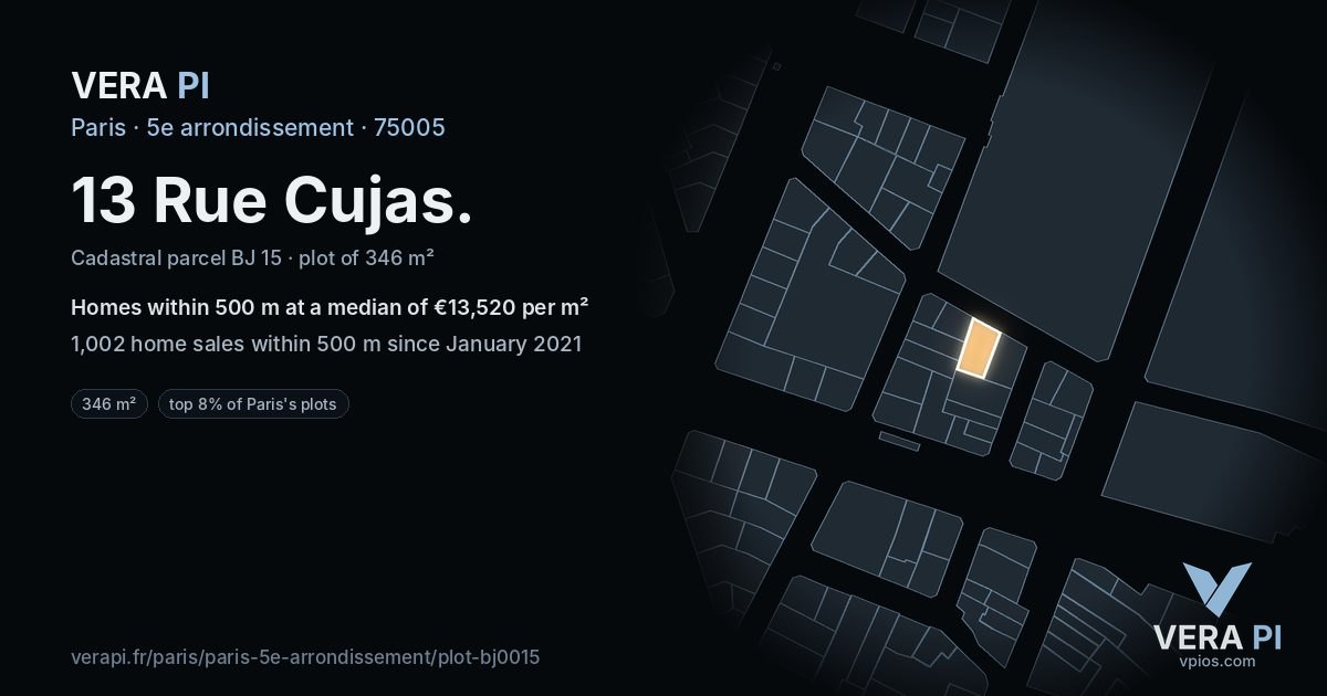 13 Rue Cujas, 5e arrondissement at night – the plot lit, the parcels around coloured by the prices near them