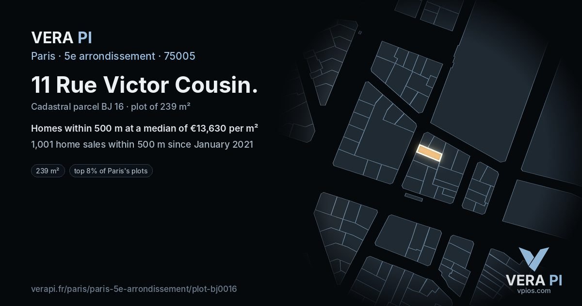 11 Rue Victor Cousin, 5e arrondissement at night – the plot lit, the parcels around coloured by the prices near them