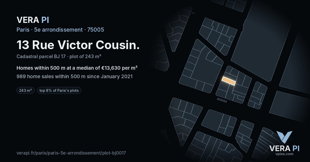 13 Rue Victor Cousin, 5e arrondissement at night – the plot lit, the parcels around coloured by the prices near them