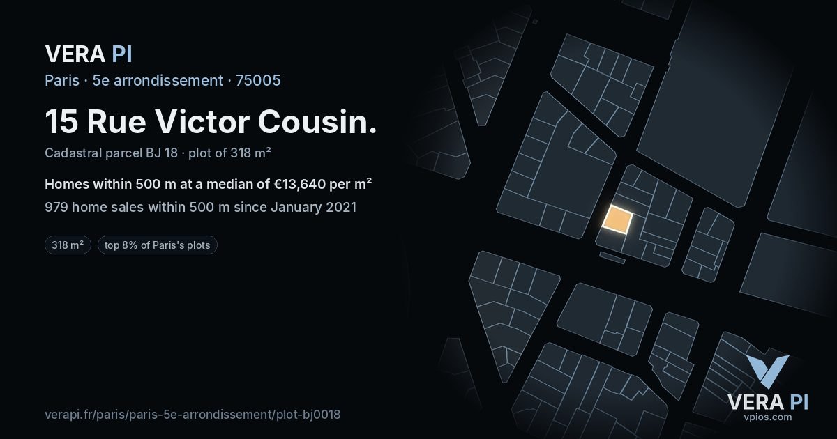 15 Rue Victor Cousin, 5e arrondissement at night – the plot lit, the parcels around coloured by the prices near them