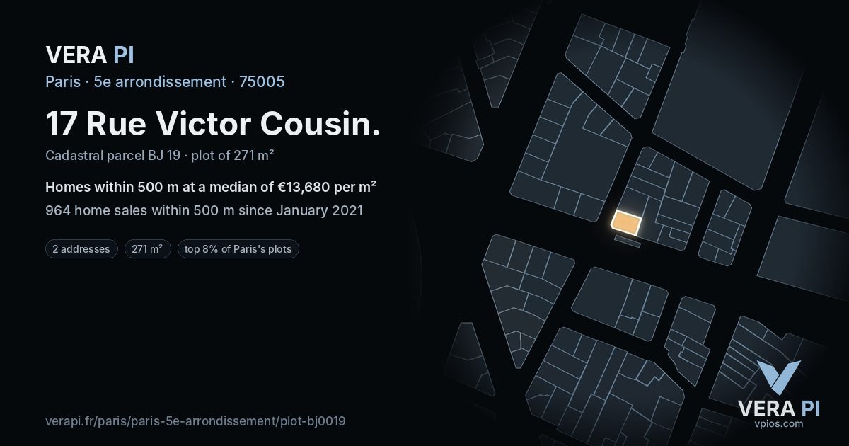 17 Rue Victor Cousin, 5e arrondissement at night – the plot lit, the parcels around coloured by the prices near them