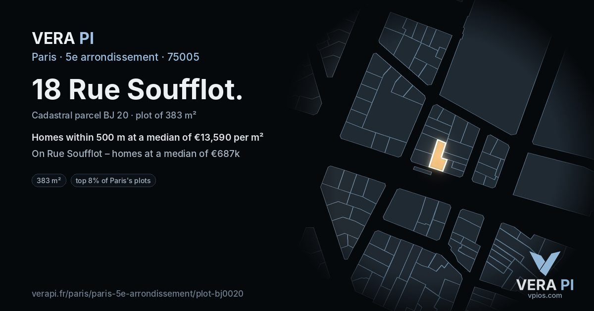 18 Rue Soufflot, 5e arrondissement at night – the plot lit, the parcels around coloured by the prices near them
