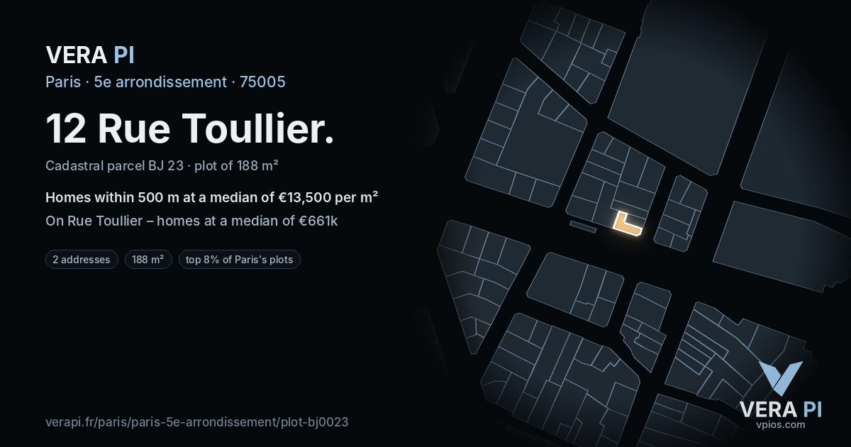 12 Rue Toullier, 5e arrondissement at night – the plot lit, the parcels around coloured by the prices near them