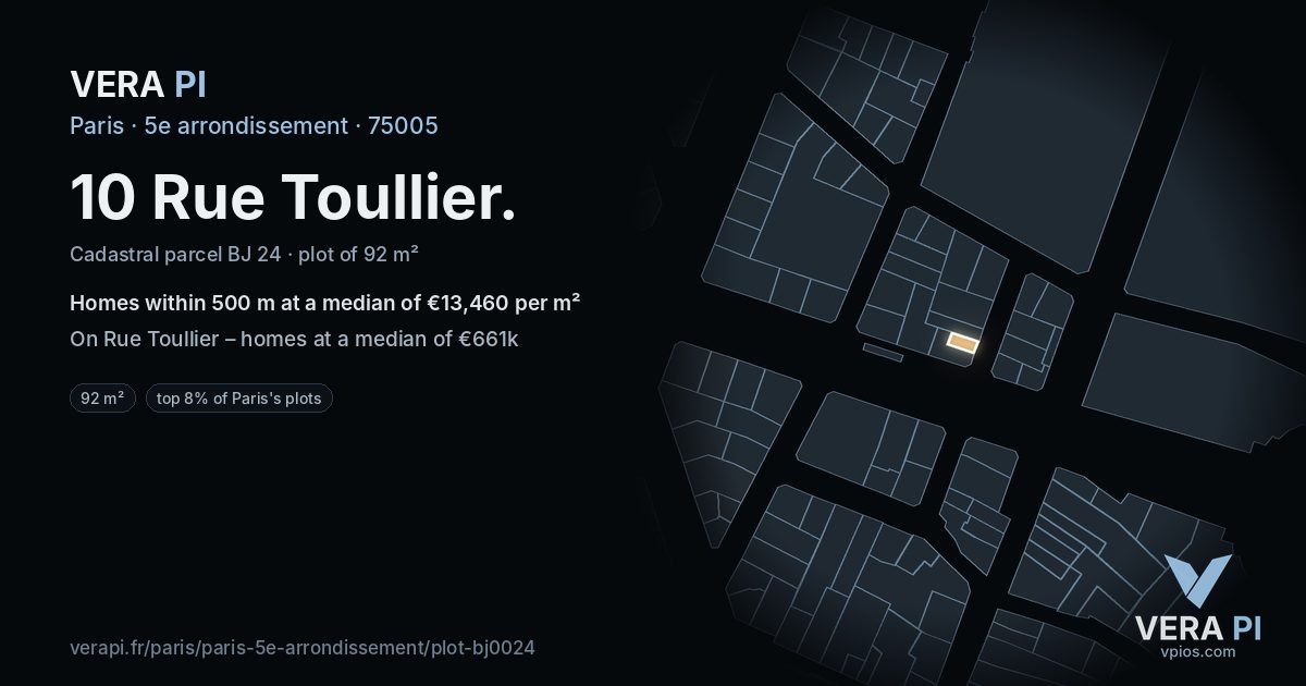 10 Rue Toullier, 5e arrondissement at night – the plot lit, the parcels around coloured by the prices near them