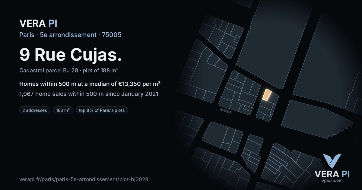 9 Rue Cujas, 5e arrondissement at night – the plot lit, the parcels around coloured by the prices near them