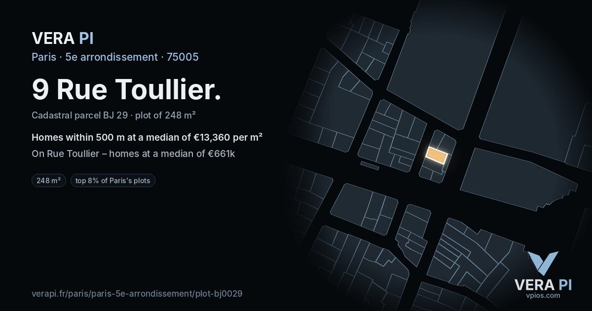 9 Rue Toullier, 5e arrondissement at night – the plot lit, the parcels around coloured by the prices near them