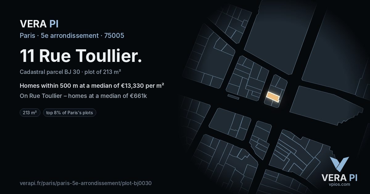 11 Rue Toullier, 5e arrondissement at night – the plot lit, the parcels around coloured by the prices near them