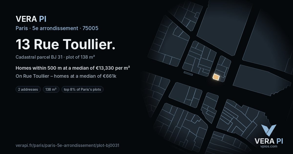 13 Rue Toullier, 5e arrondissement at night – the plot lit, the parcels around coloured by the prices near them