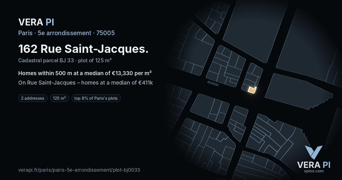162 Rue Saint-Jacques, 5e arrondissement at night – the plot lit, the parcels around coloured by the prices near them