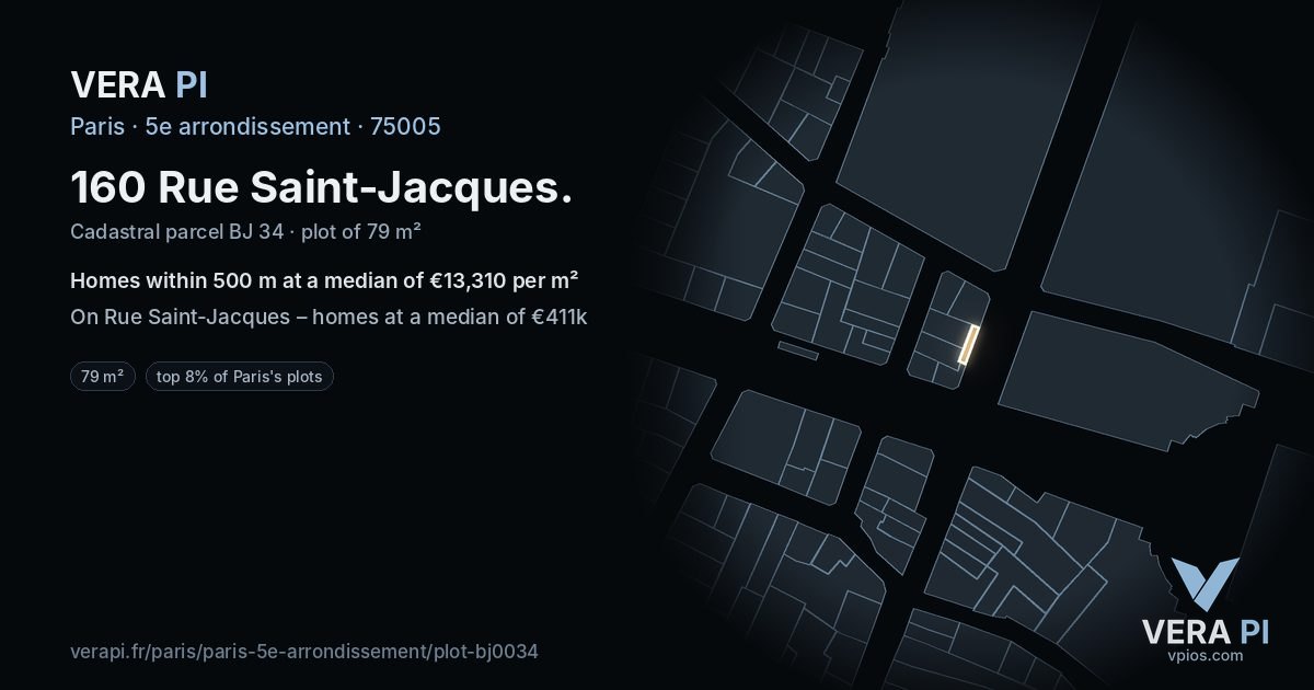 160 Rue Saint-Jacques, 5e arrondissement at night – the plot lit, the parcels around coloured by the prices near them