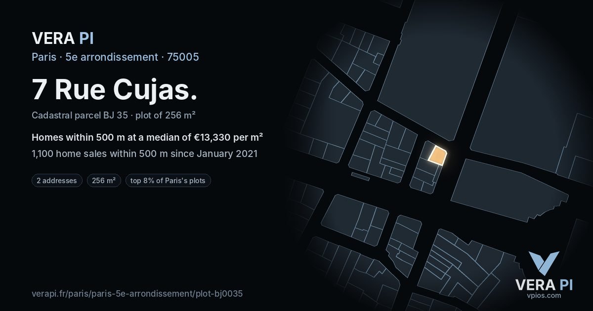 7 Rue Cujas, 5e arrondissement at night – the plot lit, the parcels around coloured by the prices near them