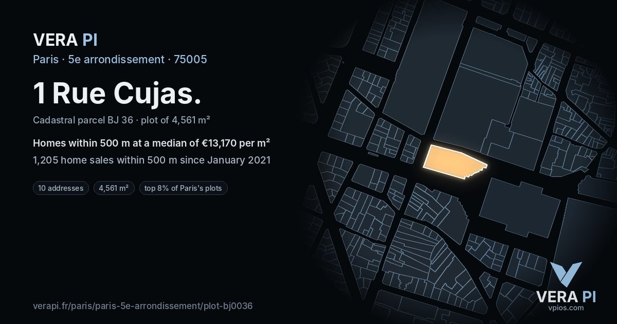 1 Rue Cujas, 5e arrondissement at night – the plot lit, the parcels around coloured by the prices near them