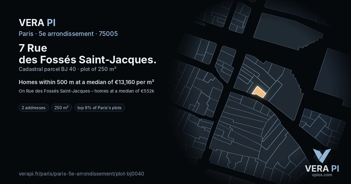 7 Rue des Fossés Saint-Jacques, 5e arrondissement at night – the plot lit, the parcels around coloured by the prices near them