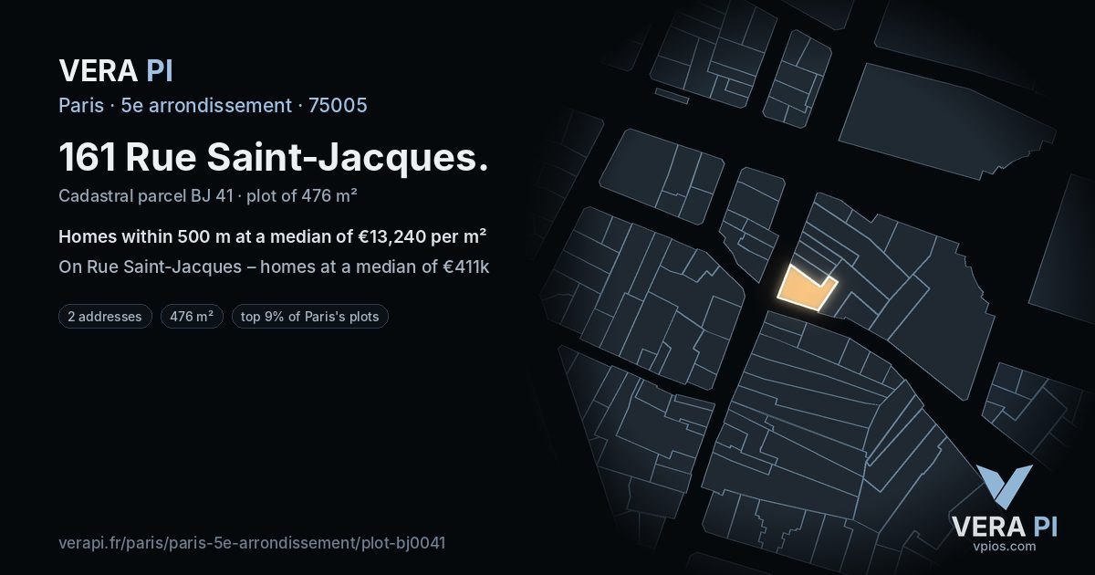 161 Rue Saint-Jacques, 5e arrondissement at night – the plot lit, the parcels around coloured by the prices near them