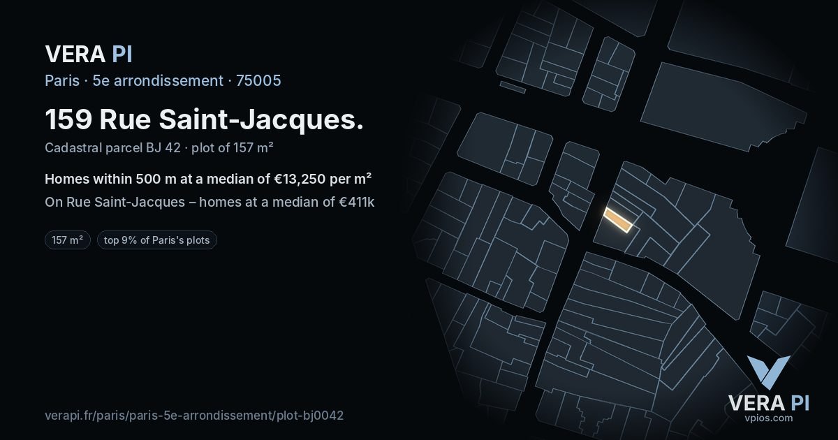 159 Rue Saint-Jacques, 5e arrondissement at night – the plot lit, the parcels around coloured by the prices near them