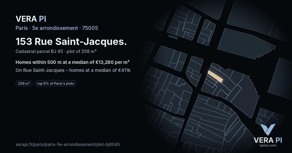 153 Rue Saint-Jacques, 5e arrondissement at night – the plot lit, the parcels around coloured by the prices near them
