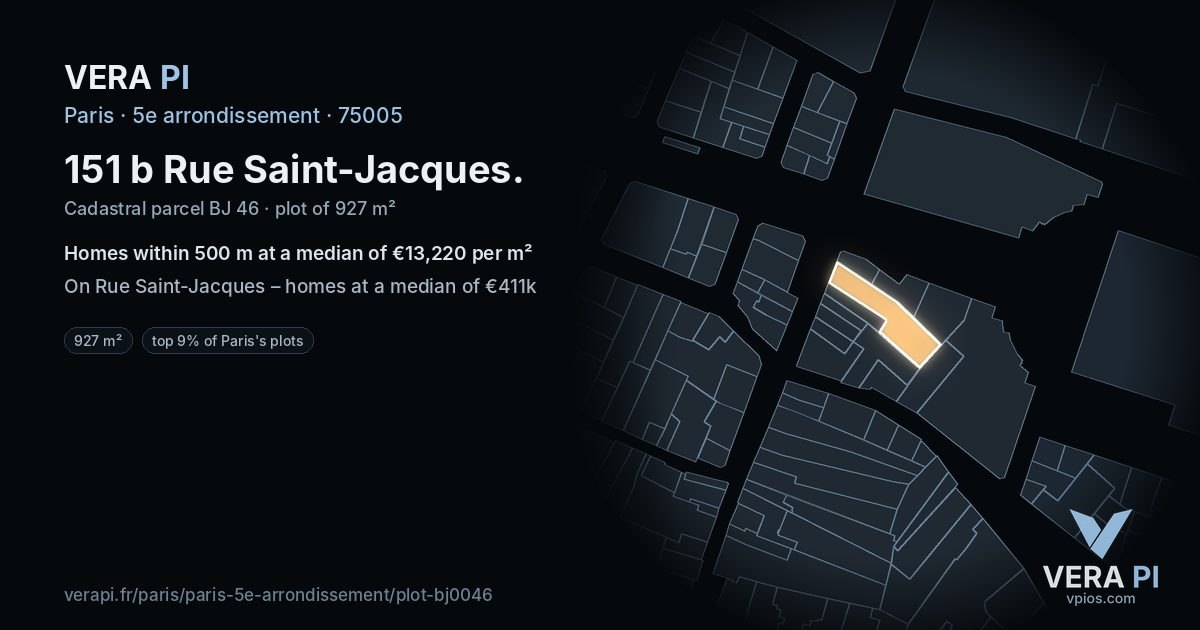 151 b Rue Saint-Jacques, 5e arrondissement at night – the plot lit, the parcels around coloured by the prices near them