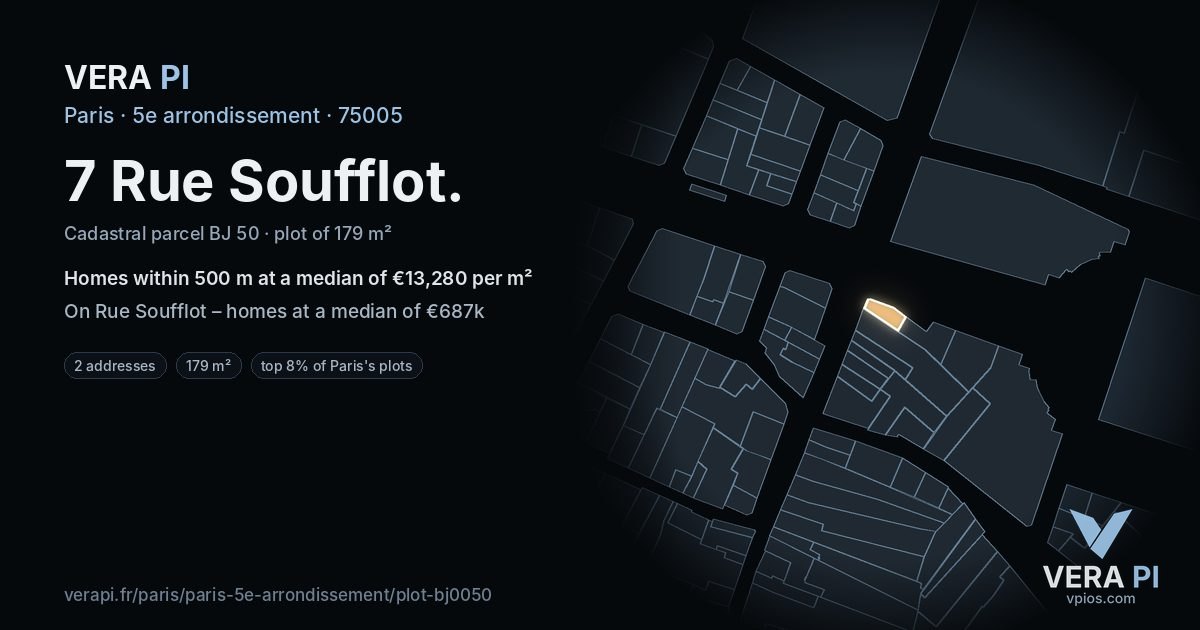 7 Rue Soufflot, 5e arrondissement at night – the plot lit, the parcels around coloured by the prices near them