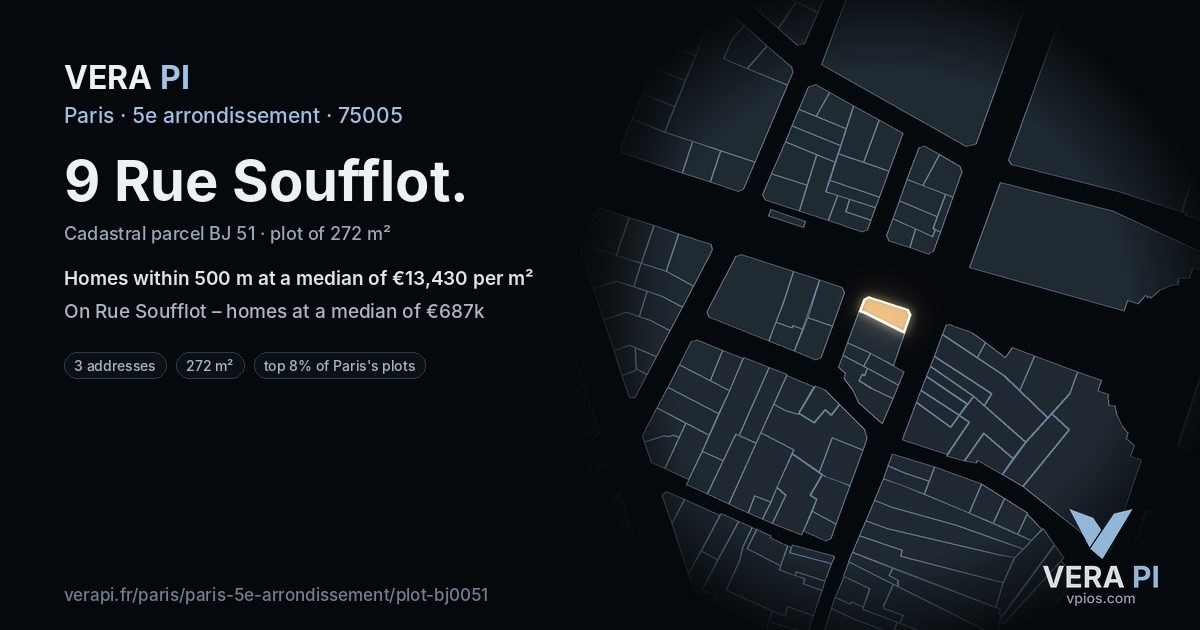 9 Rue Soufflot, 5e arrondissement at night – the plot lit, the parcels around coloured by the prices near them