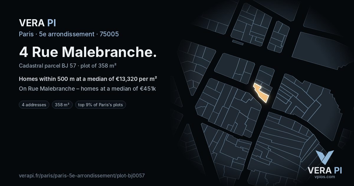 4 Rue Malebranche, 5e arrondissement at night – the plot lit, the parcels around coloured by the prices near them